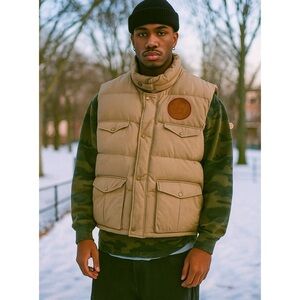 Jeezy’s Eight732 Down Feather Fill Y2K Streetwear Tan Puffer Patchwork Vest 4XL